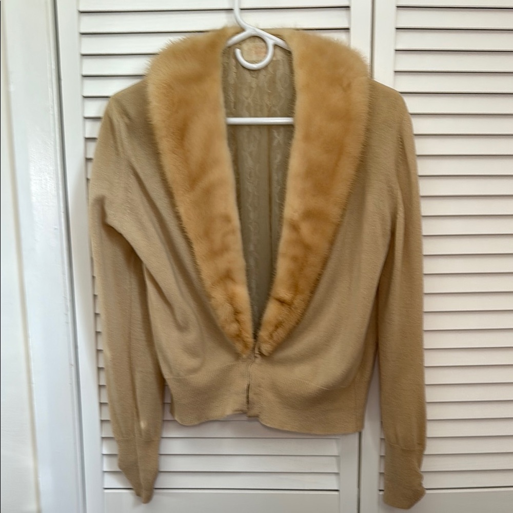 Elegant Tan Sweater with Real Fur Collar
